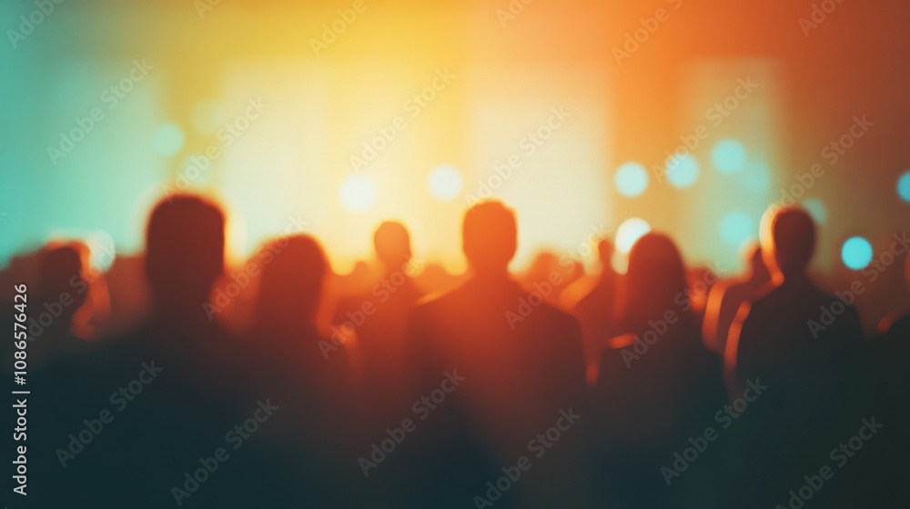 Poster crowd enjoying vibrant performance under colorful lights during evening event in an urban setting
