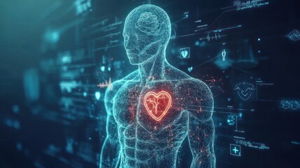 3D rendering of human figure surrounded by medical icons such as cross, heart and shield