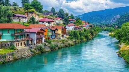 Fototapeta premium Vibrant River Village Amidst Scenic Mountains