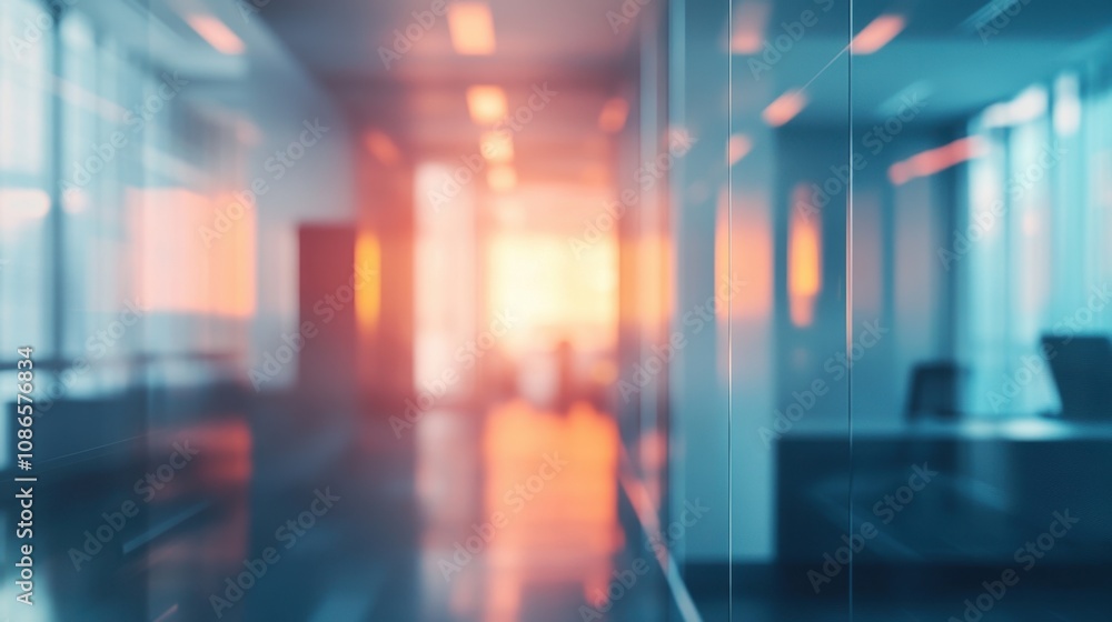 Aufkleber sunset light filters through an office space with blurred reflections and modern design elements in 