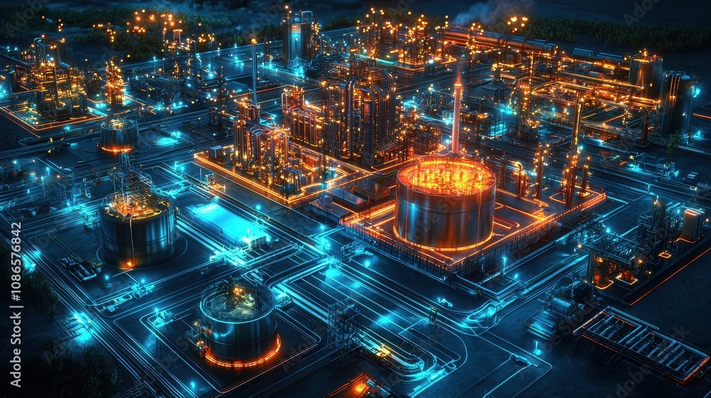 Aufkleber futuristic oil refinery at night with illuminated structures and complex networks highlighted in vib