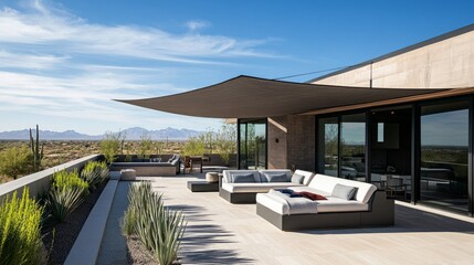 A contemporary rooftop terrace with a shaded lounge area and panoramic views of desert landscapes