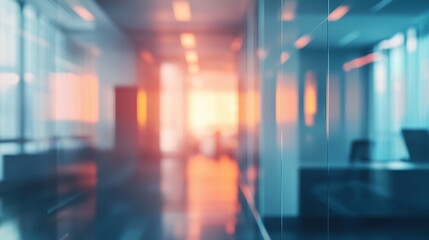 Sunset light filters through an office space with blurred reflections and modern design elements in a city high-rise