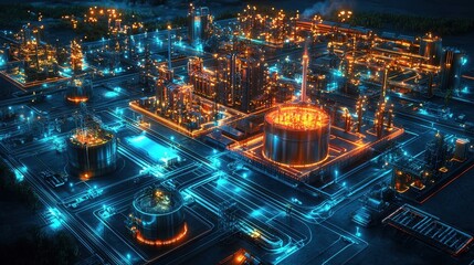Fototapeta premium Futuristic Oil Refinery at Night with Illuminated Structures and Complex Networks Highlighted in Vibrant Neon Colors Against a Dark Background