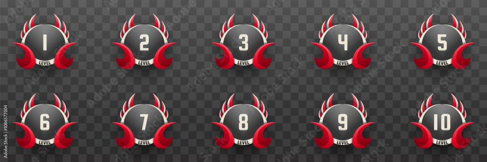 Poster game level up badges in black, silver and red color-themed for game ui designs