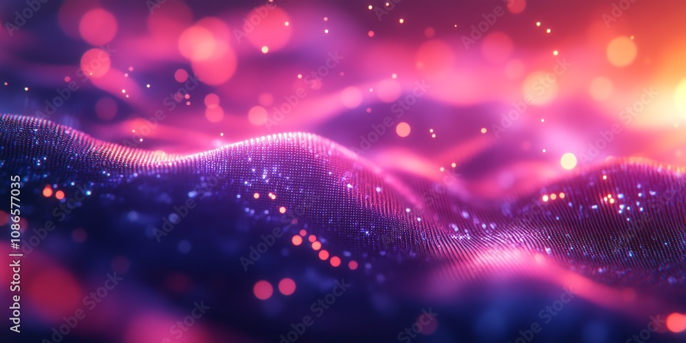 Poster abstract pink and purple wavy background with bokeh lights.