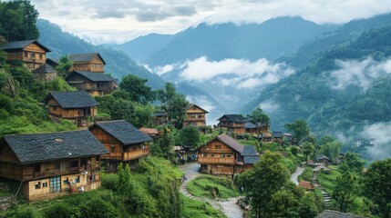 Scenic Mountain Village Surrounded by Lush Greenery