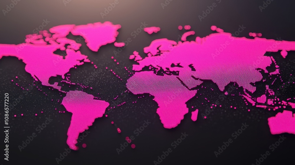 Aufkleber pink colored world map with dots and lines on black background for modern design concepts and global