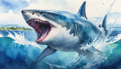 Fototapeta premium Giant shark open its mouth wide and leaps out of the sea, watercolor painting style.