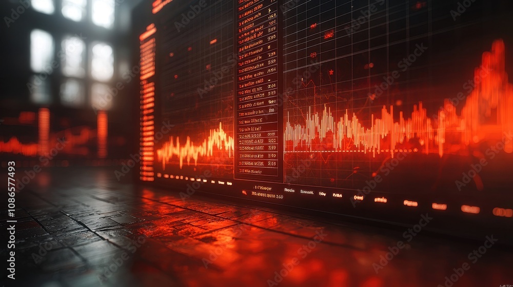 Poster high-tech financial data visualization in a dark environment with vibrant red and orange color palet