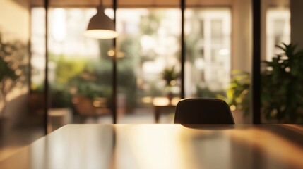 Calm and serene interior with wooden table and plants in soft morning light at a coffee shop
