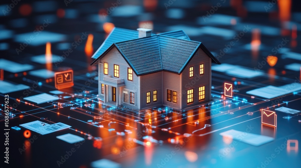 Aufkleber a house surrounded by insurance icons such as shields, documents and check marks in a 3d rendering
