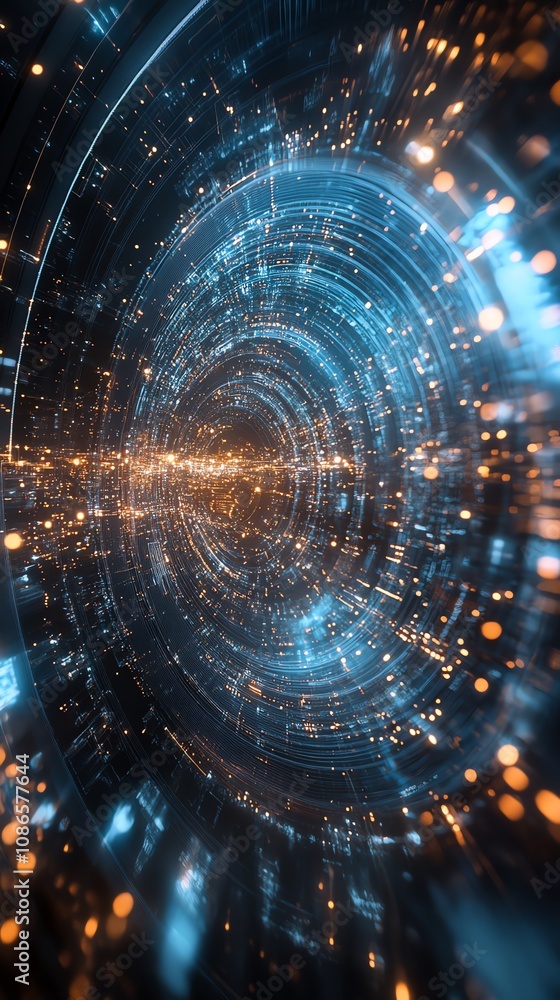 Poster abstract swirling tunnel of light with blue and orange glowing particles.