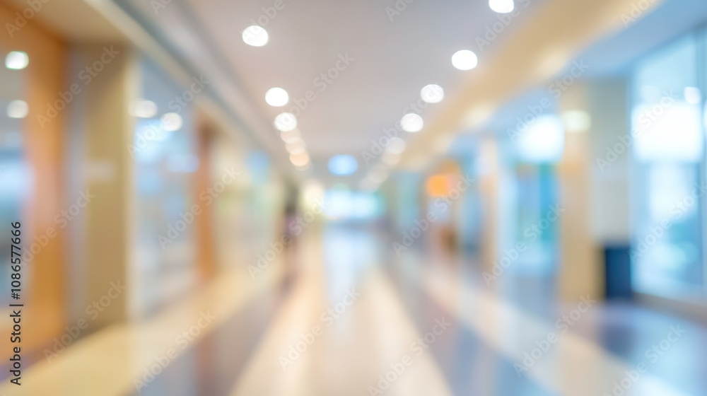 Poster blurry view of a modern corridor in a commercial building during daytime with bright lighting and mi