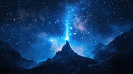 A magic tower with blue energy shooting out from its top. Soaring into the starry sky