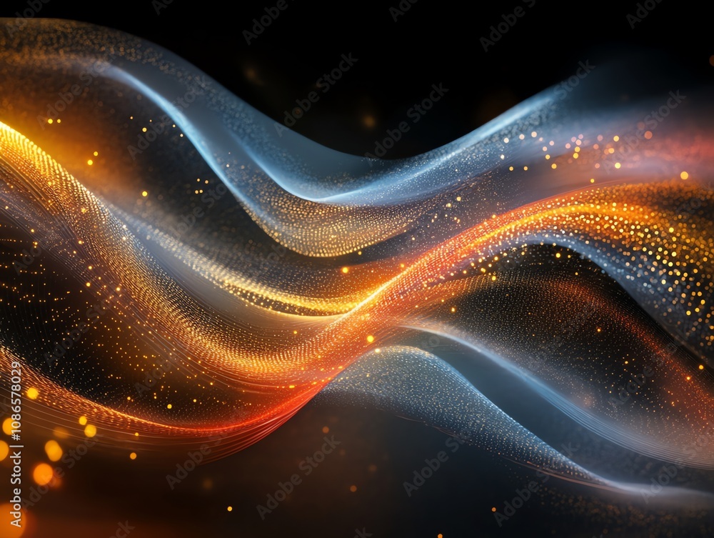 Poster abstract wave of glowing particles on black background.