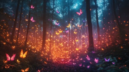 Fototapeta premium A magical forest with swarms of glowing insects flying amidst the leaves that glow in rainbow colors