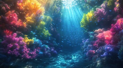 A magical sea forest filled with rainbow-colored algae and schools of blue fish that emit light as they swim by.