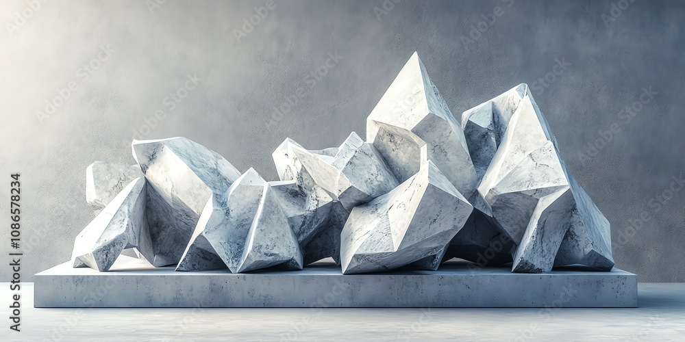Poster abstract white geometric shapes on a gray platform against a concrete background.