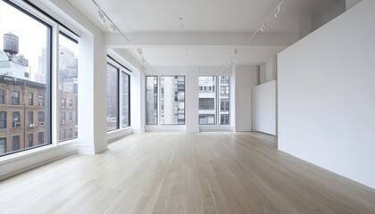 Obraz premium Large window and wooden floors in a minimalist white studio or office space.