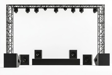 a 3D illustration of an event stage setup with sound systems, lighting fixtures, and metal trusses, perfect for concert themes, isolated on white background