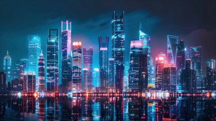 Fototapeta premium futuristic city skyline, neon lights, urban landscape, modern architecture, night scene with reflections, vibrant colors, futuristic ambiance, city life, architecture design, skyline photography, ill