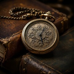 Time running, deadline, life time or business milestone concept, closed up vintage pocket watch or clock on book in vintage tone