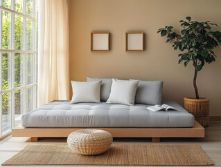 Fototapeta premium Cozy minimalist living room with gray sofa natural light and indoor plants in a tranquil setting