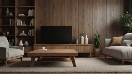 A cozy living room featuring a wooden coffee table, minimalist sofa, and a large TV against warm wood paneling, complemented by decorative plants and books