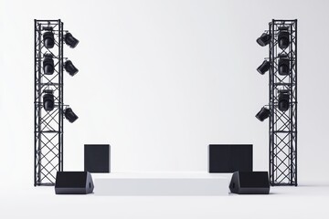 a realistic depiction of a concert stage with audio equipment, multiple lights, and scaffolding, showcasing advanced event production, isolated on white background