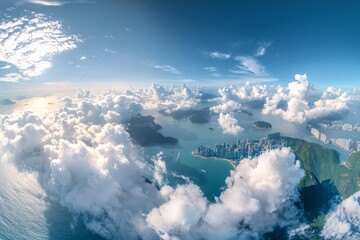 Naklejka premium White clouds in the sky, blue sea and green mountains on both sides, islands in the ocean surrounded by buildings