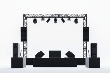 a realistic depiction of a concert stage with audio equipment, multiple lights, and scaffolding, showcasing advanced event production, isolated on white background