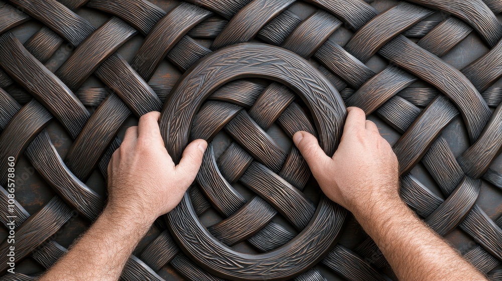 Aufkleber hands placing a decorative element on an intricate woven surface, showcasing texture and depth in an
