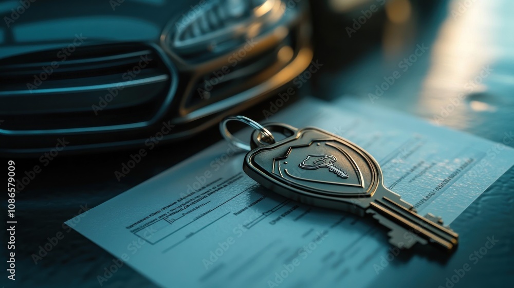 Poster close-up 3d rendering of a car key with an insurance form and a protective shield symbol
