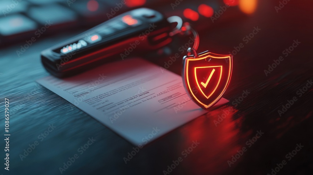 Poster close-up 3d rendering of a car key with an insurance form and a protective shield symbol
