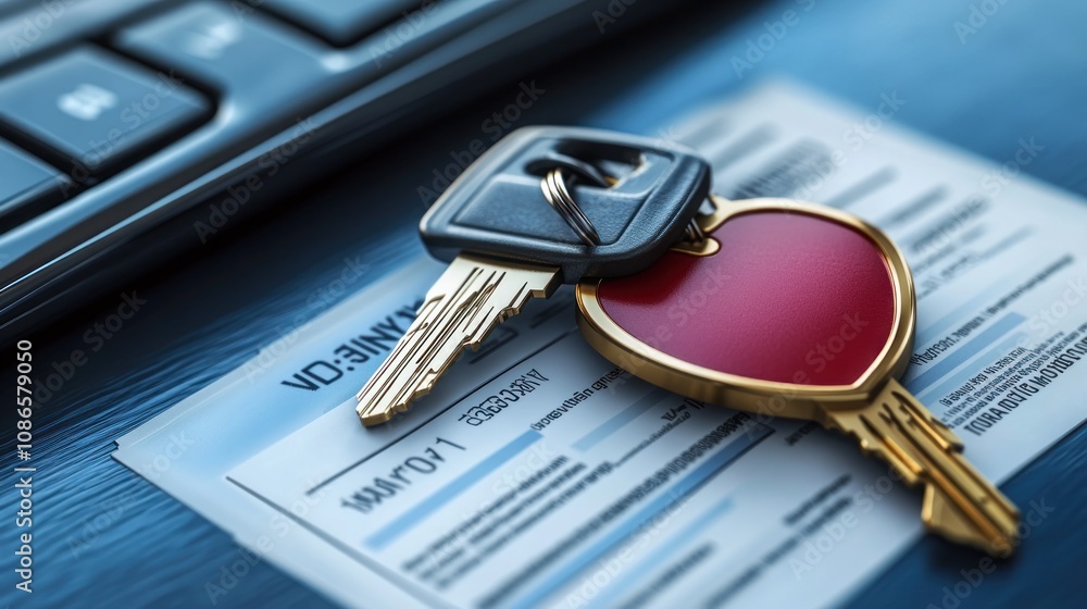 Poster close-up 3d rendering of a car key with an insurance form and a protective shield symbol