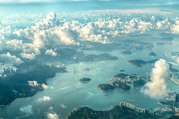 White clouds in the sky, blue sea and green mountains on both sides, islands in the ocean surrounded by buildings