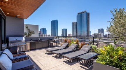 Obraz premium A rooftop terrace in an urban setting, complete with a barbecue area, loungers, and high-rise buildings in the distance