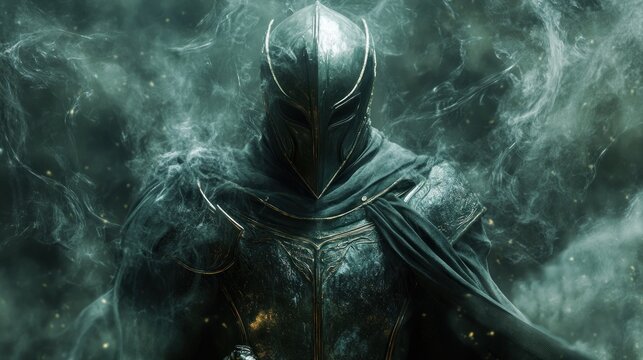 Art of an elven warrior in armor and helmet with a magical shadow around him - Powered by Adobe