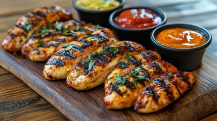 Juicy chicken tenders arranged in a row on a rustic wooden board, served with dipping sauces, close-up 