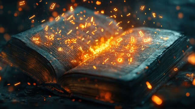 Close-up of an ancient magic book that opens on its own, with glowing letters floating out of the pages.
