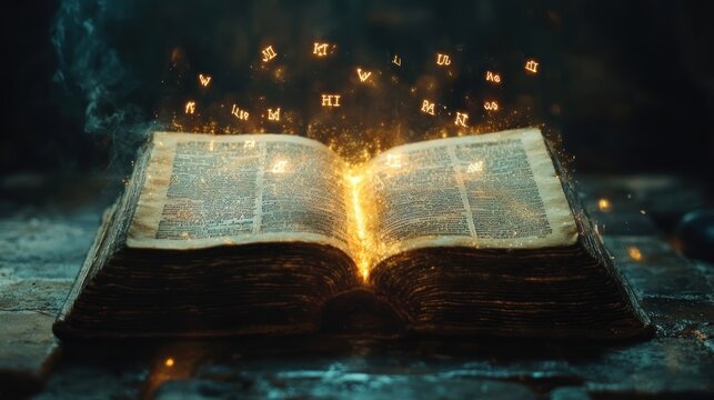 Close-up of an ancient magic book that opens on its own, with glowing letters floating out of the pages. - Powered by Adobe