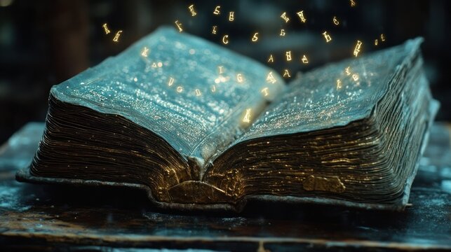 Close-up of an ancient magic book that opens on its own, with glowing letters floating out of the pages.
