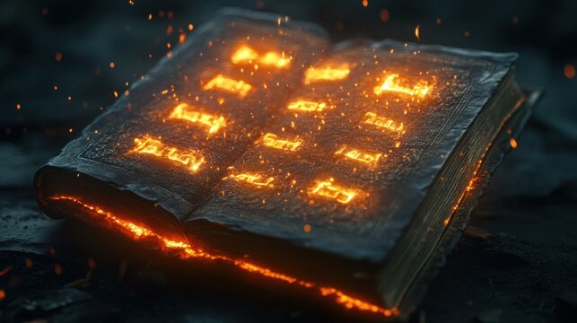Close-up of an ancient magic book that opens on its own, with glowing letters floating out of the pages.
