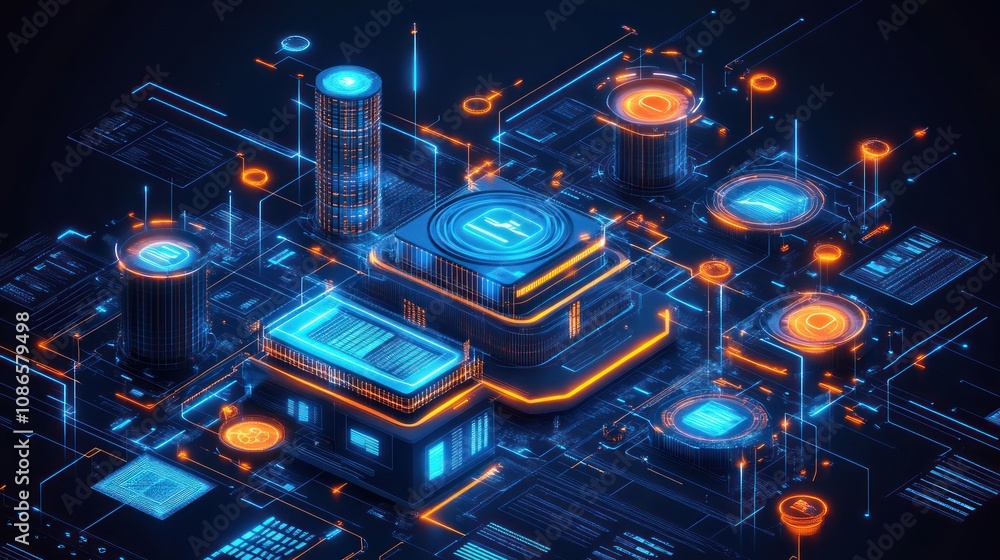 Poster digital insurance system surrounded by graphs and numerical data in cyberspace, conveying the protec