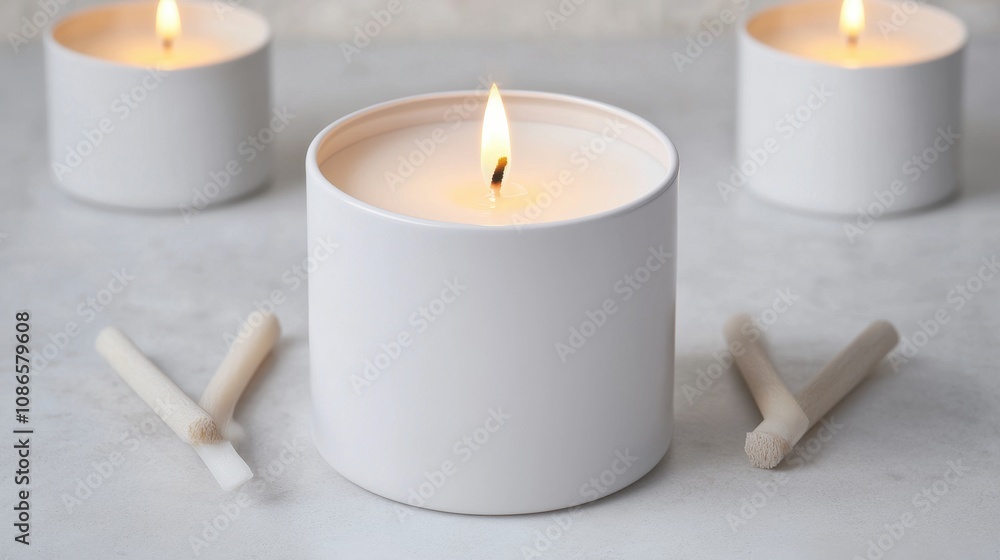 Poster tranquil setting with elegant white candles illuminating a calm surface, creating a serene atmospher