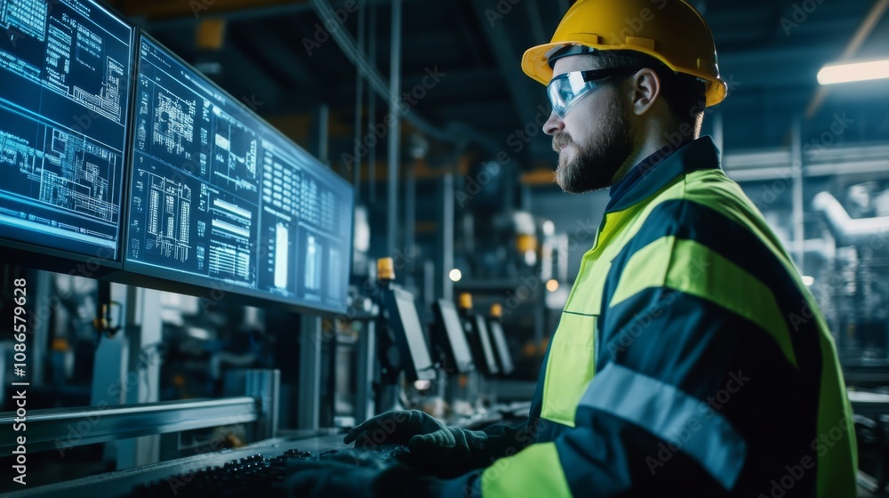 Poster a worker in safety gear analyzes data on multiple screens in a high-tech industrial environment, foc