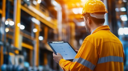 A worker in a safety helmet reviews data on a tablet in an industrial setting, highlighting modern technology in manufacturing.