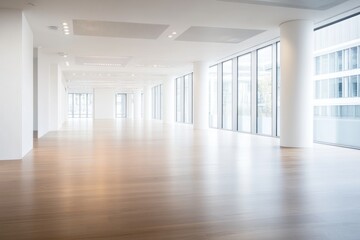 Fototapeta premium Spacious empty office interior with large windows and wooden flooring in a modern building during daylight hours