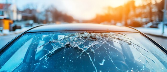 A car windshield with extensive cracks and damage, set against an outdoor background during sunset. Concept Cracked Windshield, Sunset Backdrop, Automotive Damage, Outdoor Photography